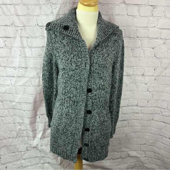 Talbots Charcoal tweed Button-Up Cardigan sweater sz L wool blend cowl neck - Picture 1 of 8